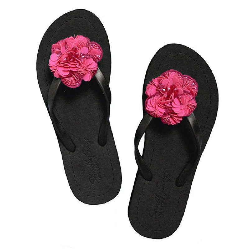 Noho Pink Flower - Sequence Embellished Women's Flat Flip Flops Sandal