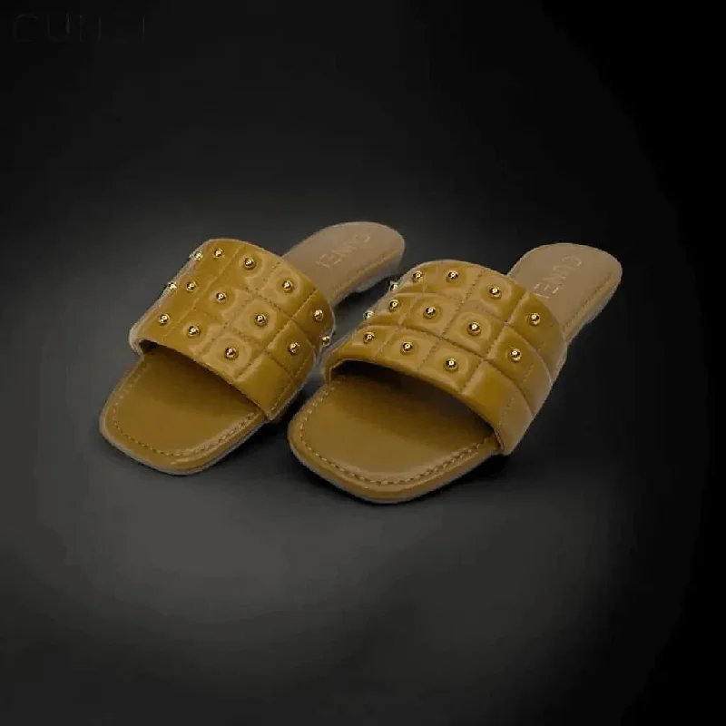 Tan Opulence Buttoned Slides