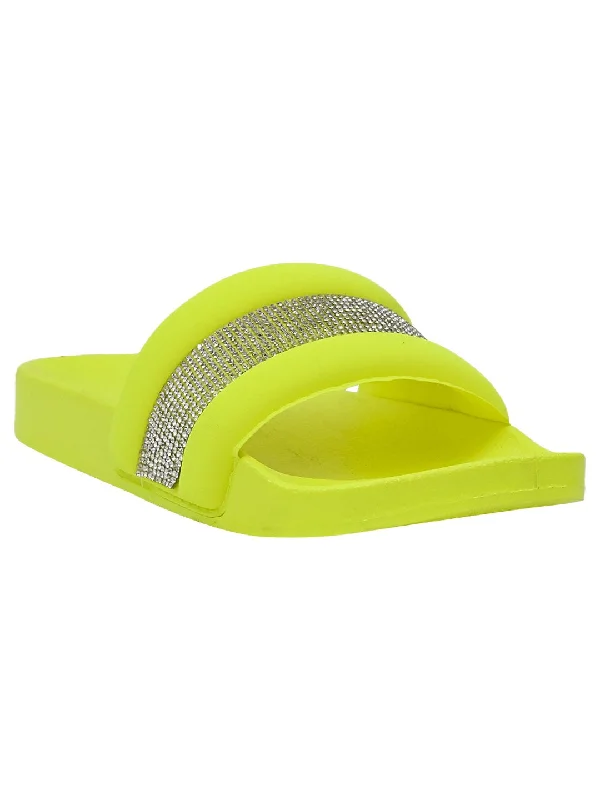 Women Yellow Embellished Slides