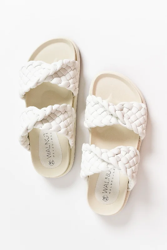 Mim White Leather Woven Slide