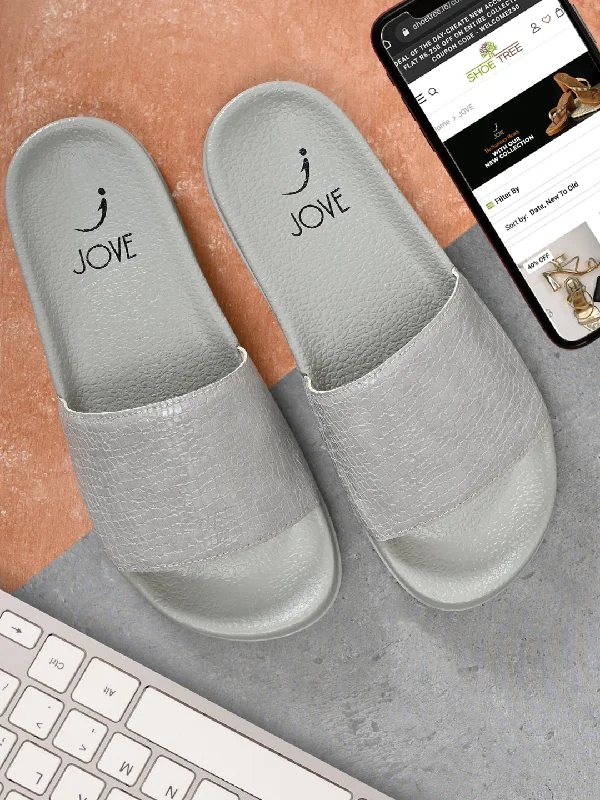 Women Grey Animal Print Slides